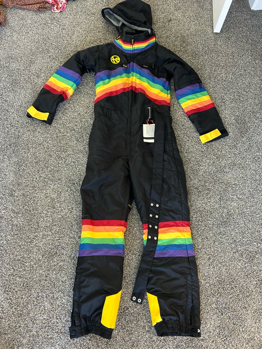 Tipsy Elves Black Puffer Jumpsuit with Rainbow Stripes
